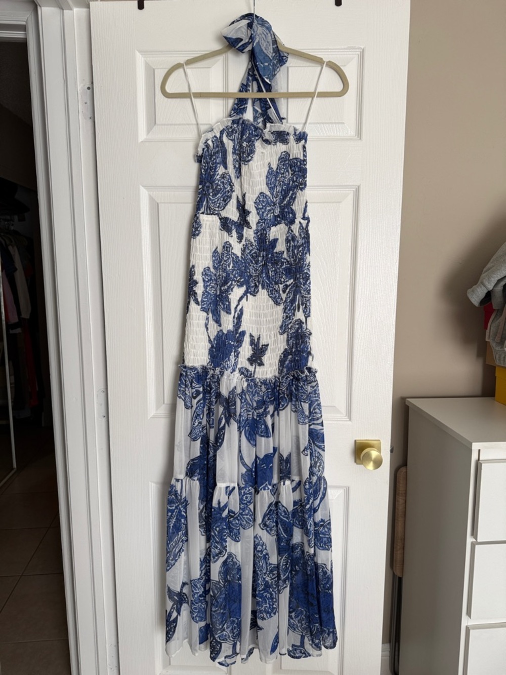 Luxxel Blue and White Floral Halter Maxi Dress